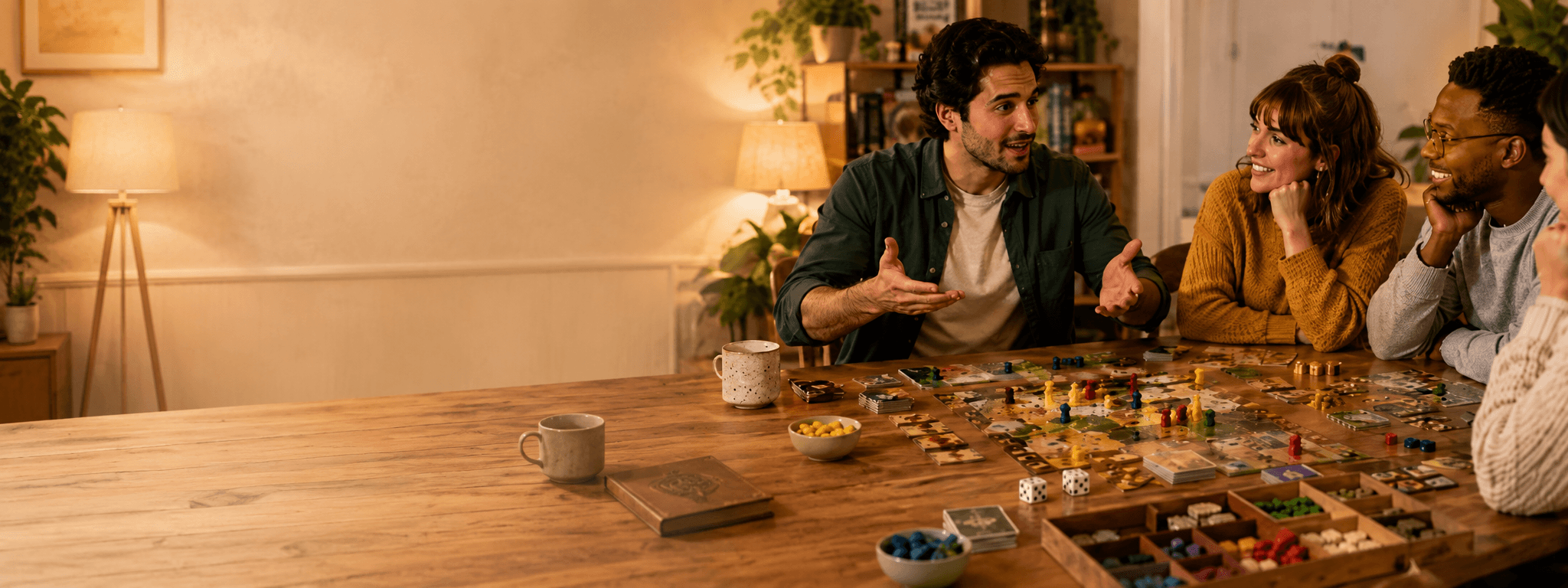 Grupo de amigos aprendiendo a jugar un juego de mesa en una noche de juegos